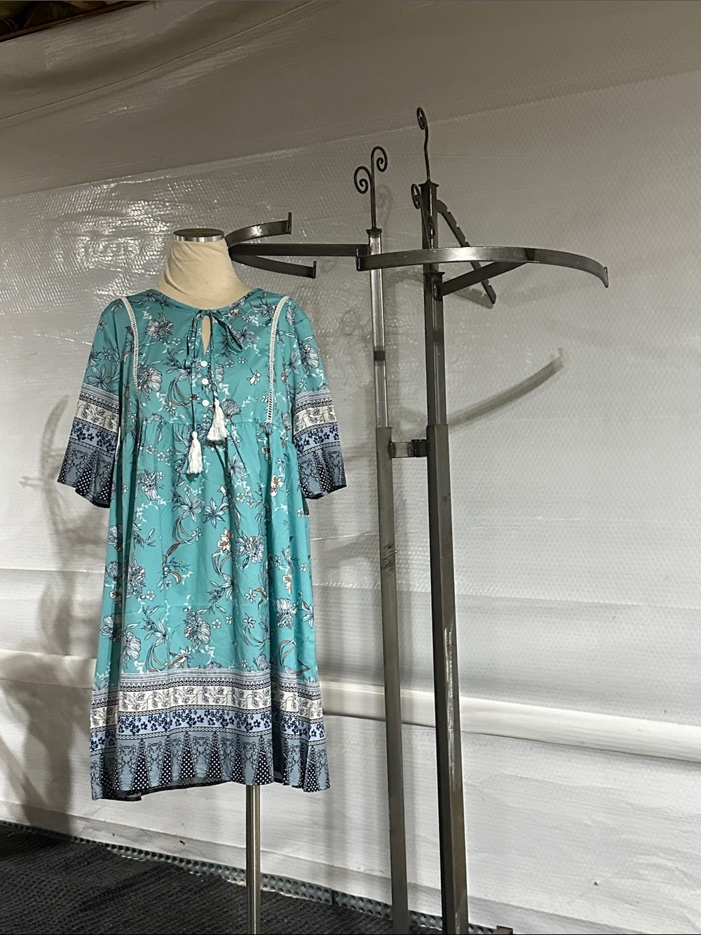 Blue Embellished Tunic Dress with Tie Front